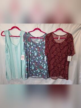 LuLaRoe Mint Stripe Tank, Teal Floral Scoop, and Burgundy Paisley Top - 3pc Set